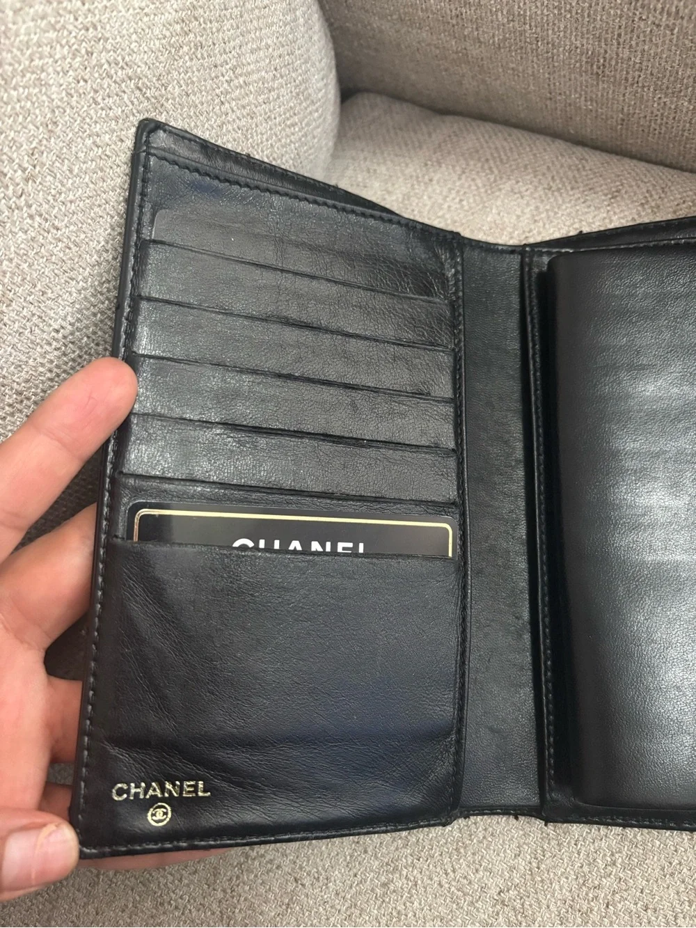 CHANEL Black Quilted Leather Wallet with Gold CC Snap